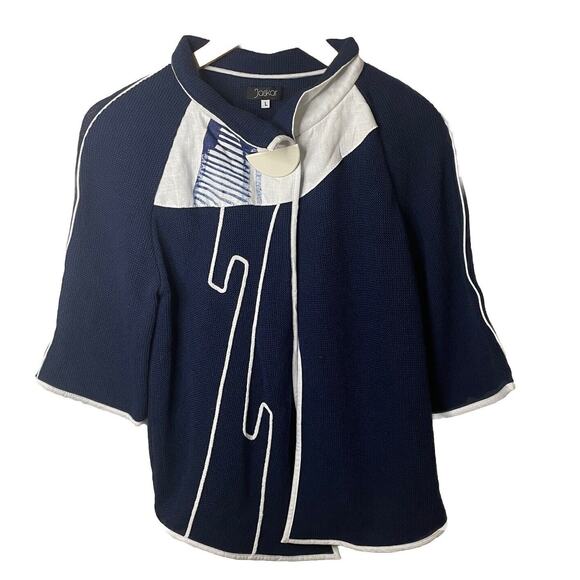 JASKAR Knit Cardigan Sweater Navy White Hand Painted Wearable Art Women S/M/L - Picture 2 of 16